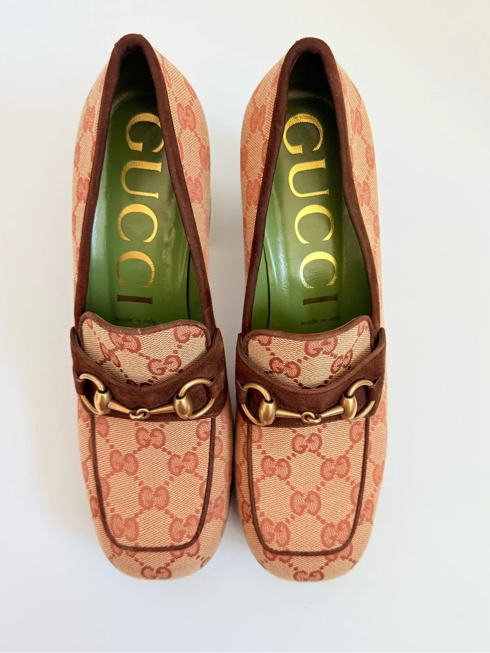 Gucci Horsebit GG Canvas Platform Pumps Monogram Brown Suede Block Heels EU 39 - Picture 2 of 11